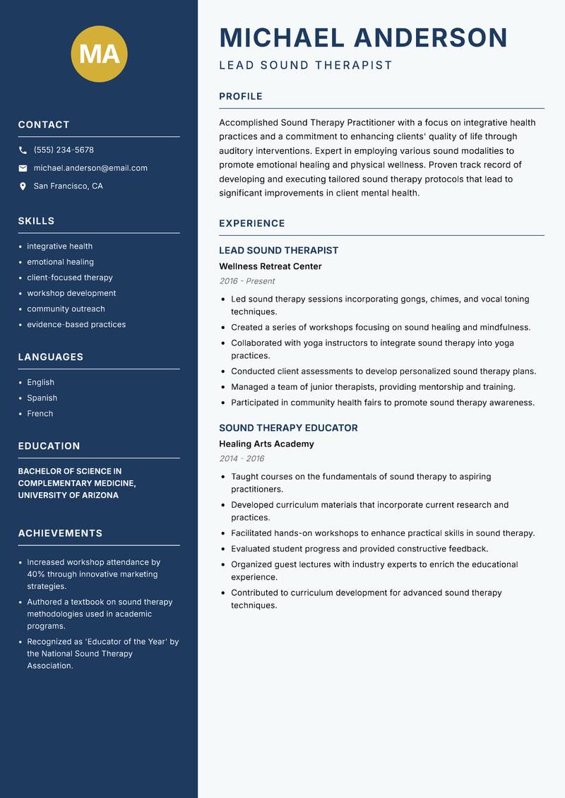 Sound Therapy Practitioner Resume Preview Example