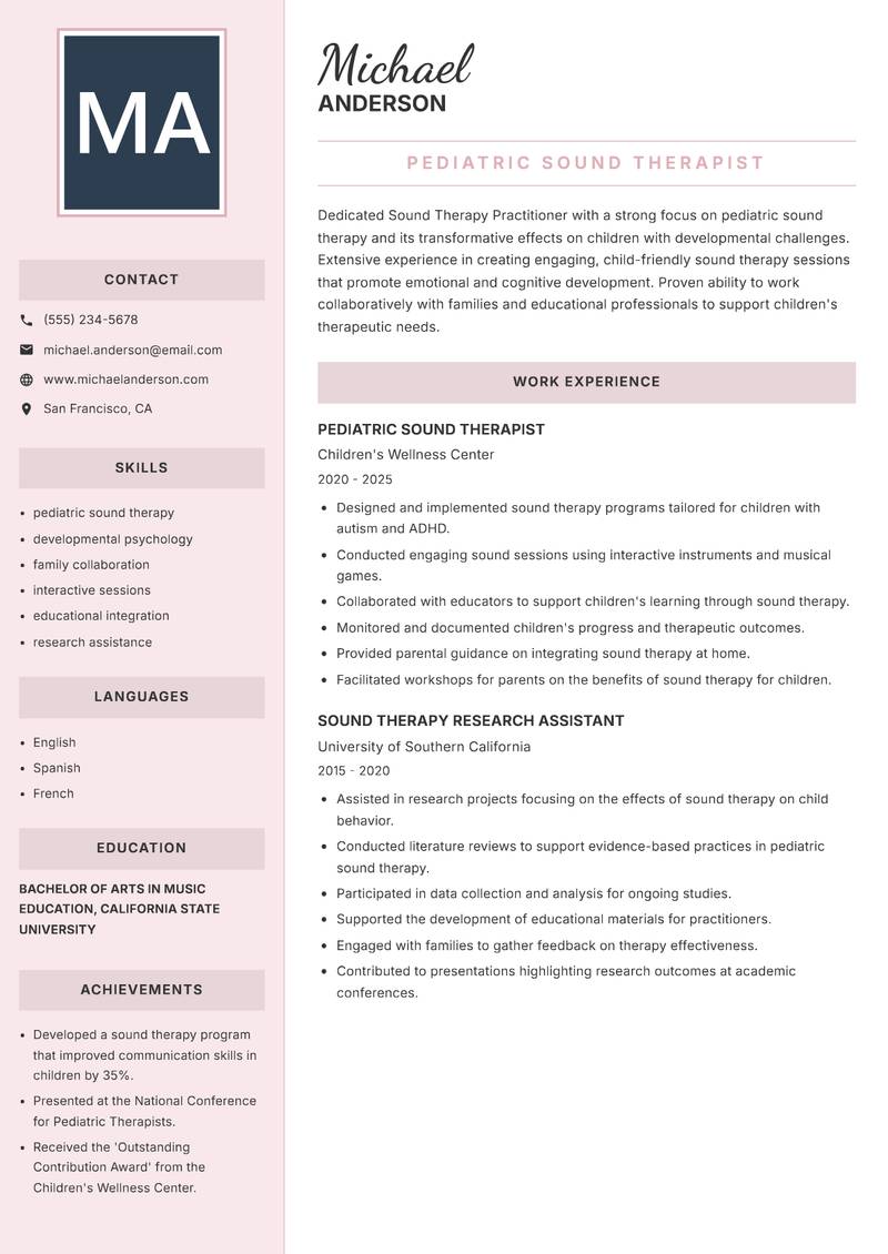 Sound Therapy Practitioner Resume Preview Example