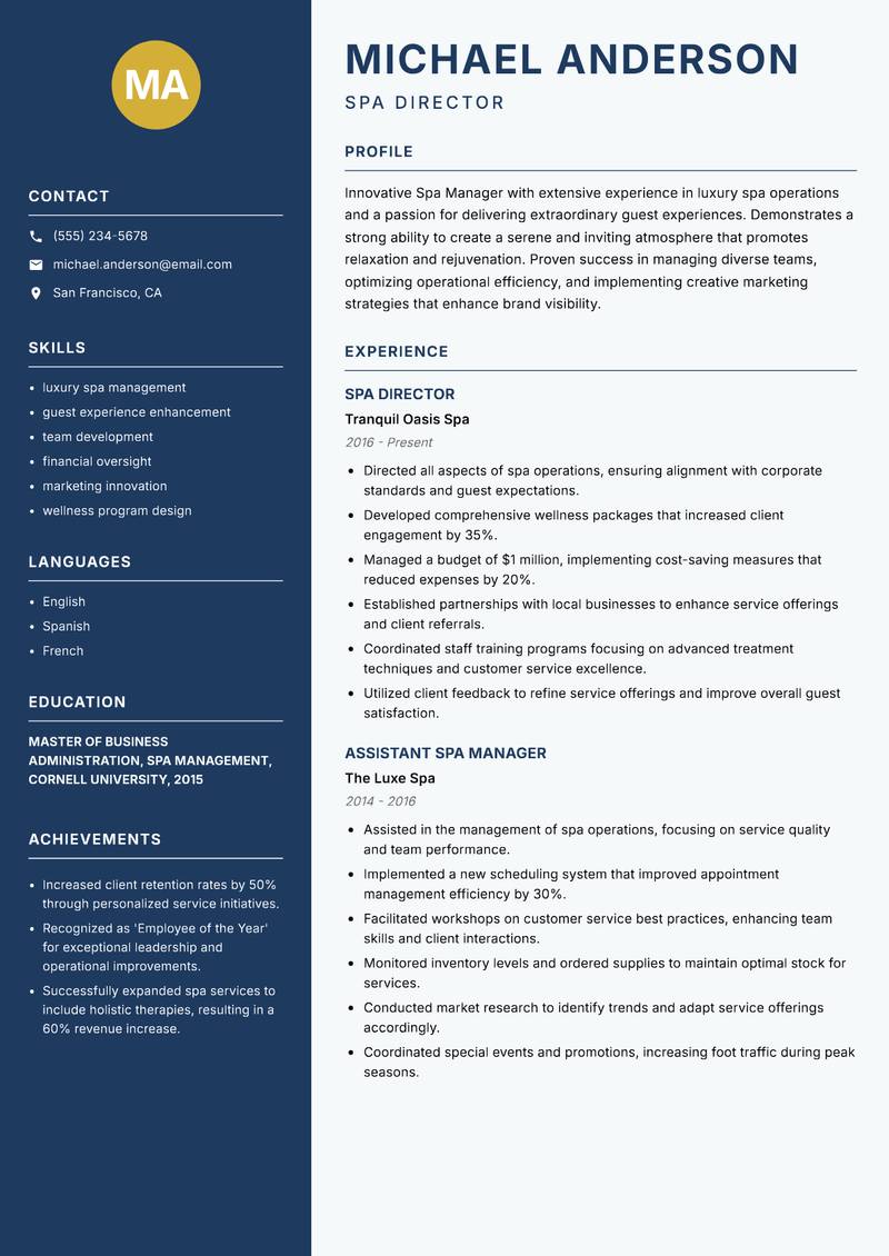 Spa Manager Resume Preview Example