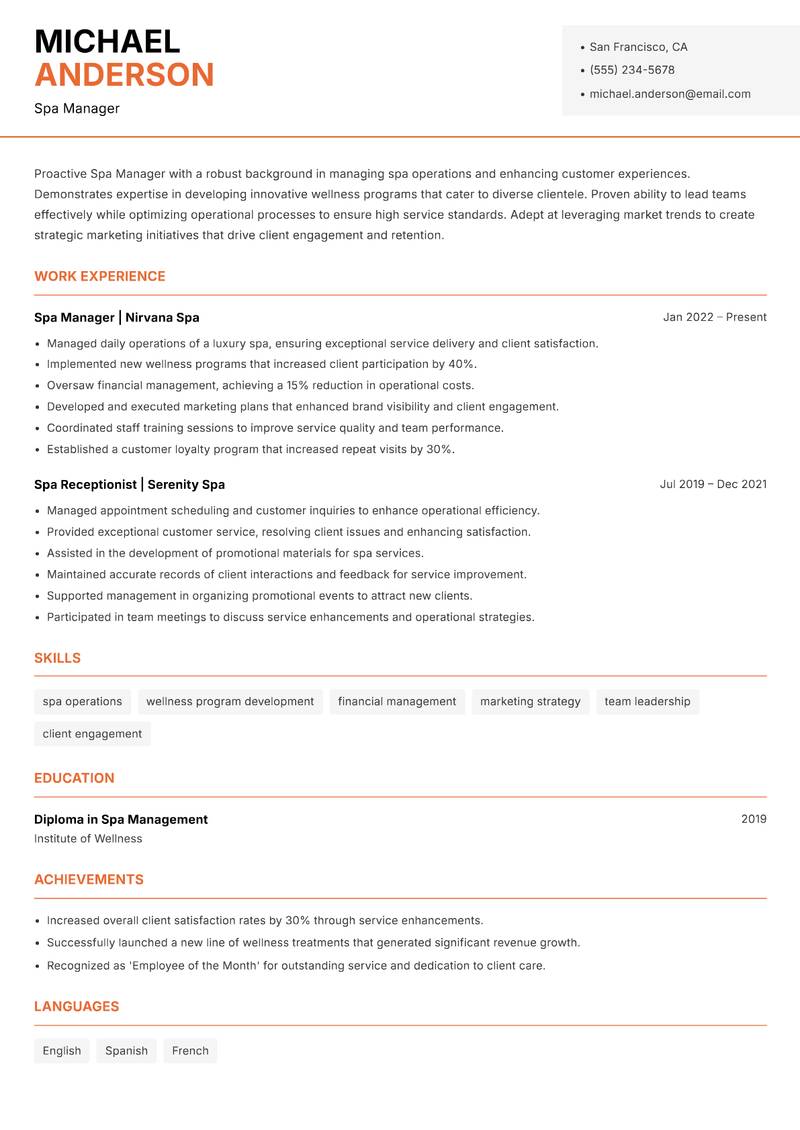 Spa Manager Resume Template