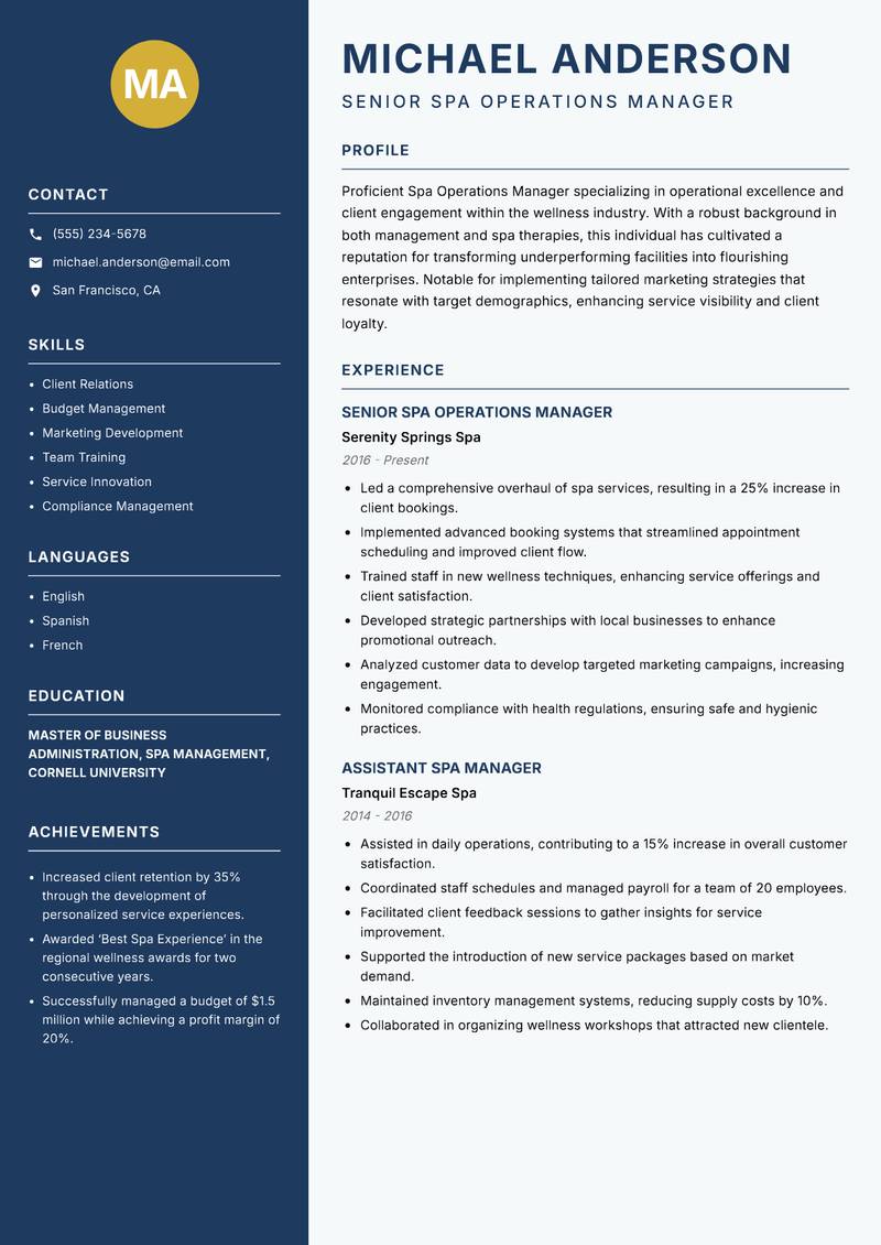 Spa Operations Manager Resume Preview Example