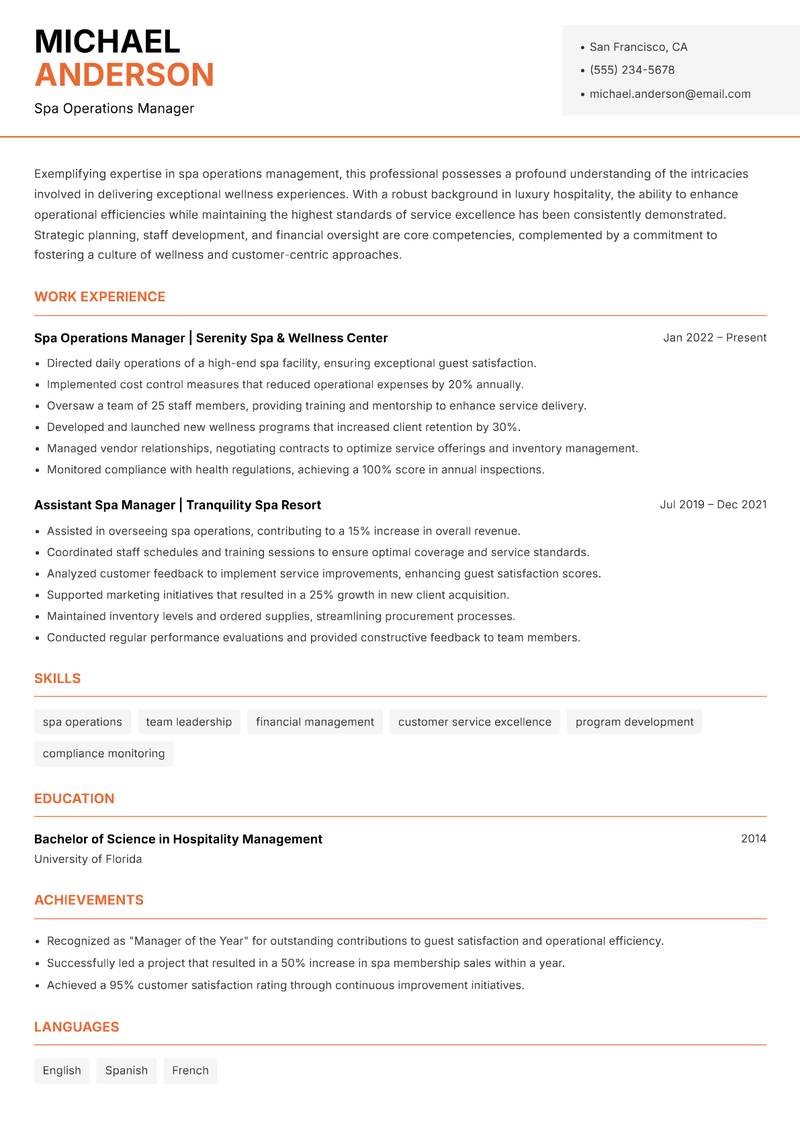 Spa Operations Manager Resume Template