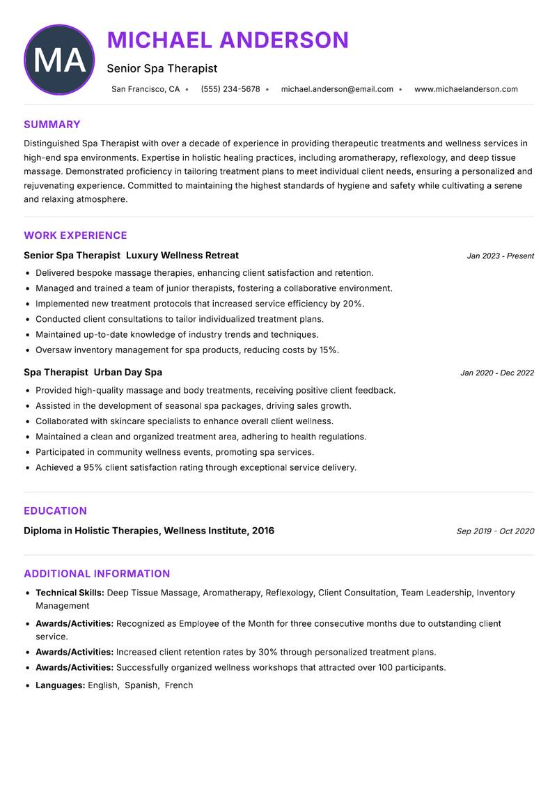 Spa Therapist Resume Preview Example