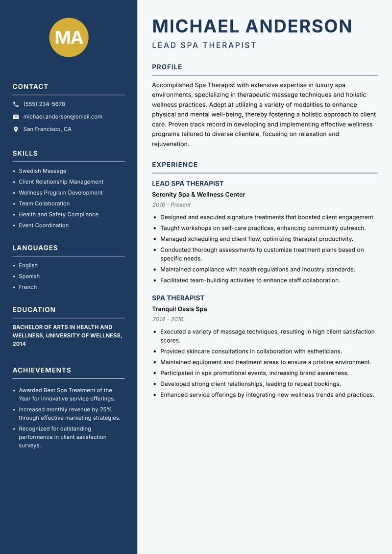 Spa Therapist Resume Preview Example