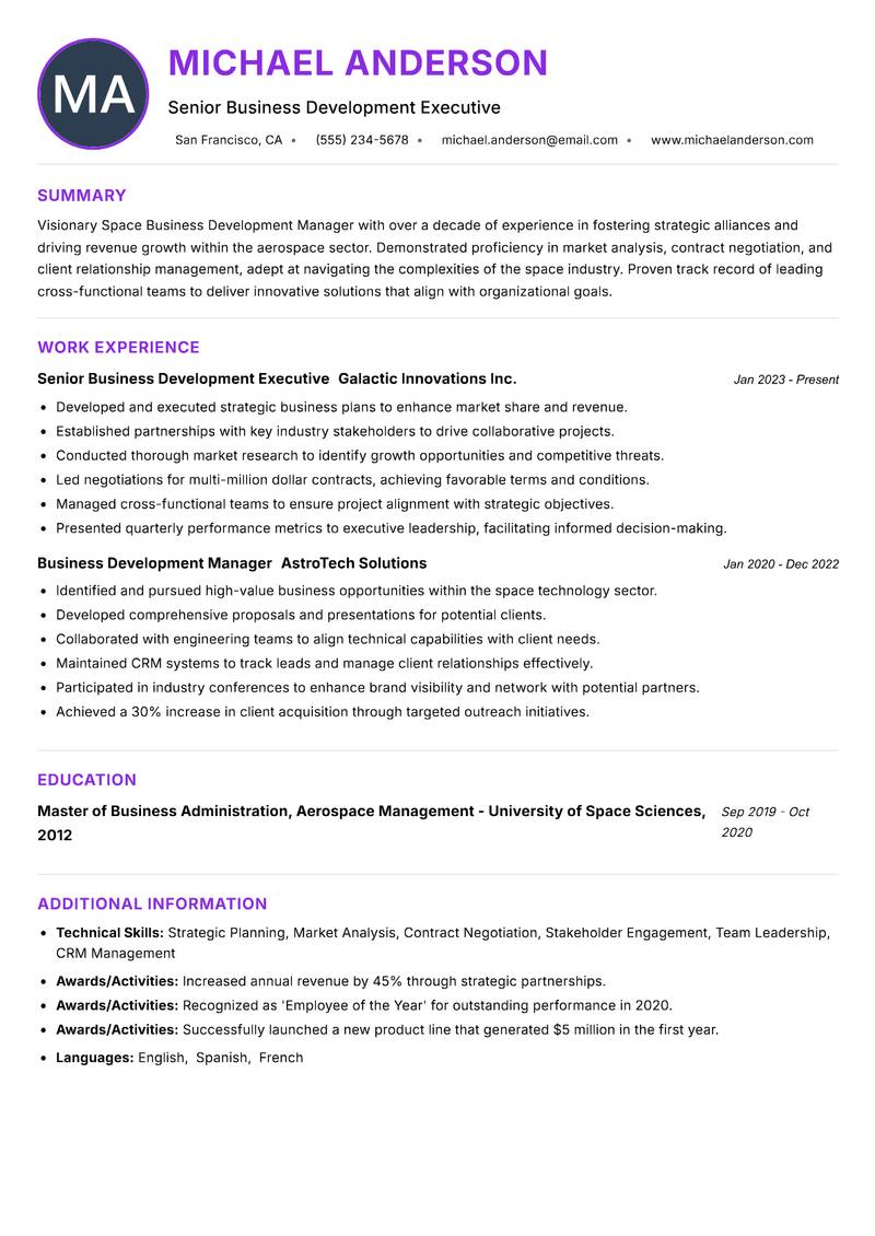 Space Business Development Manager Resume Preview Example