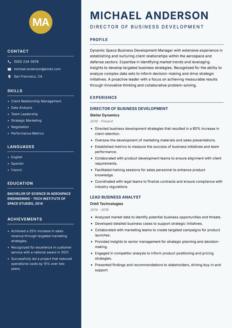Space Business Development Manager Resume Preview Example