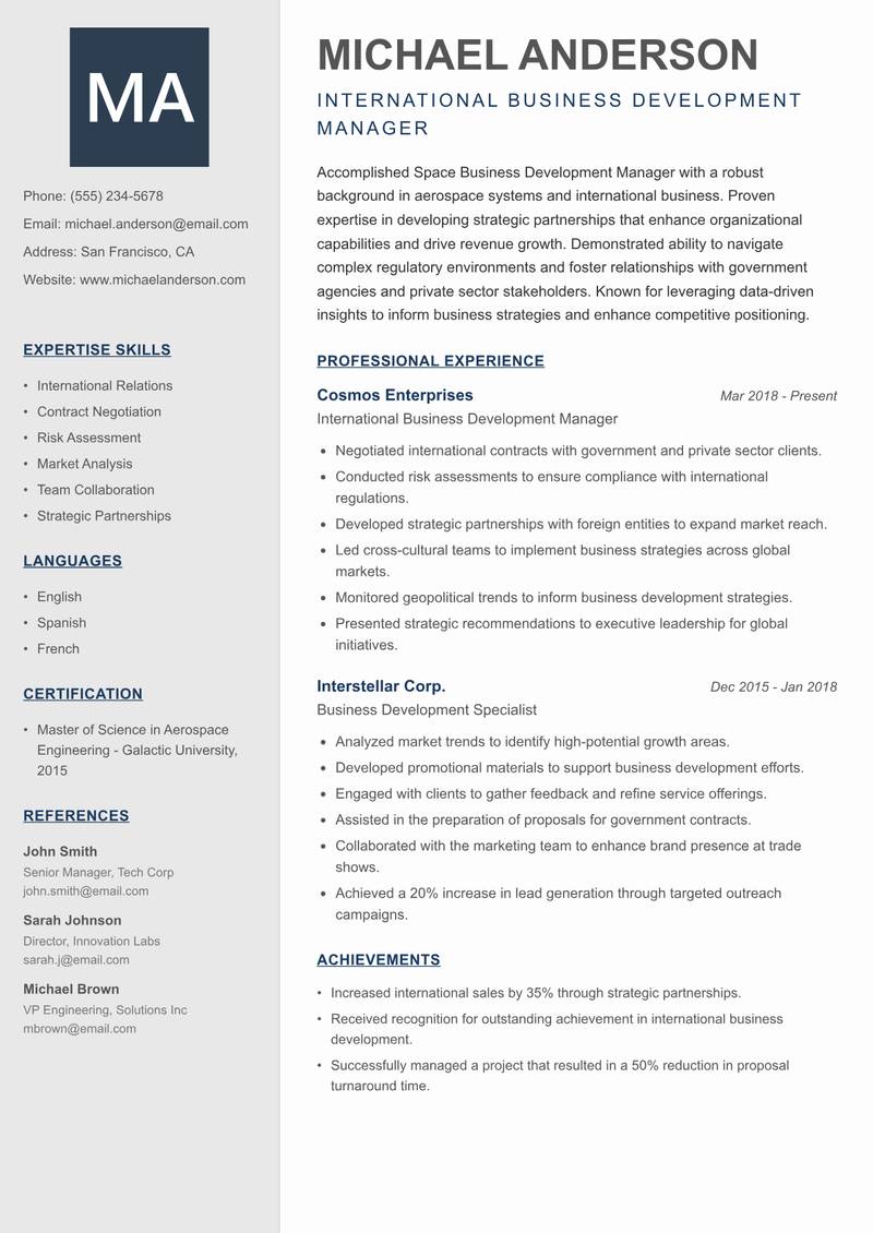 Space Business Development Manager Resume Preview Example