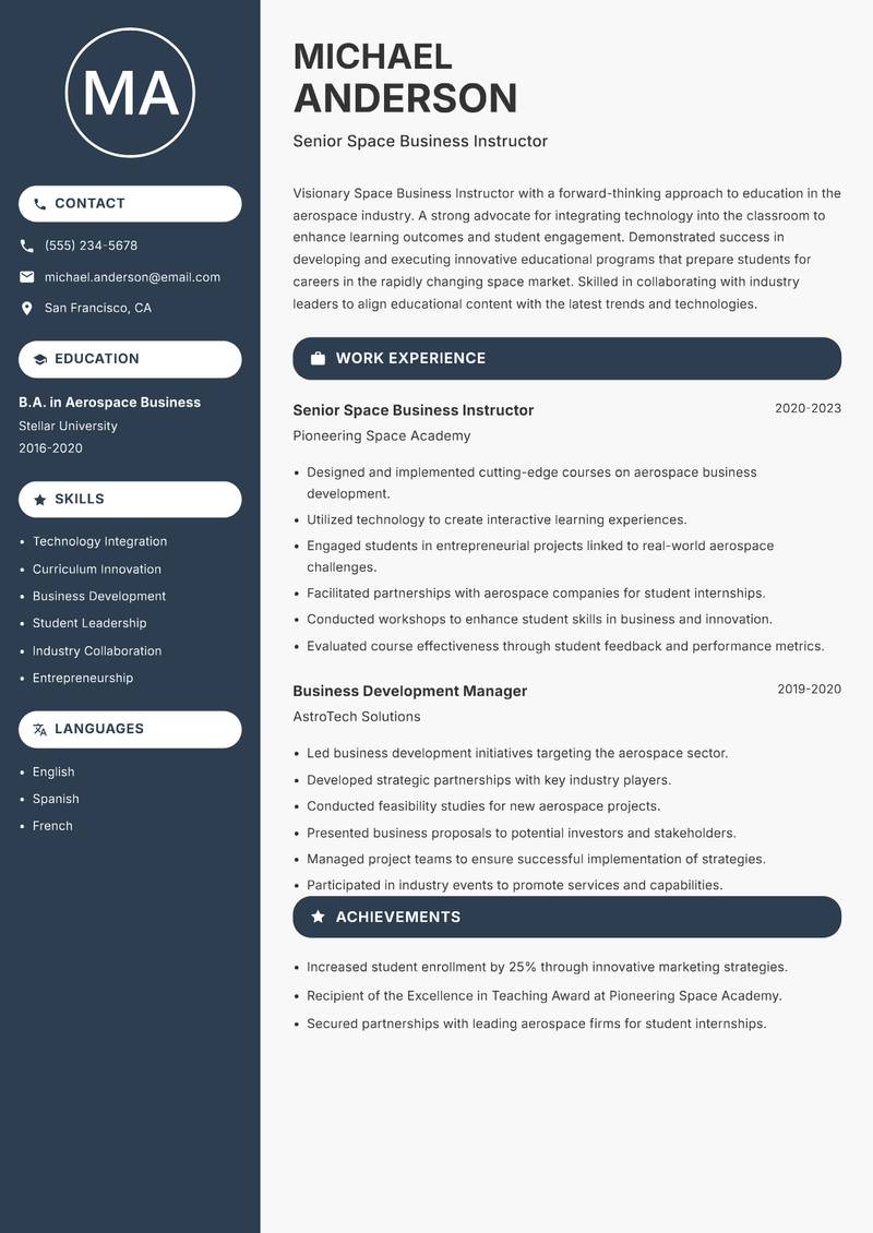 Space Business Instructor Resume Preview Example