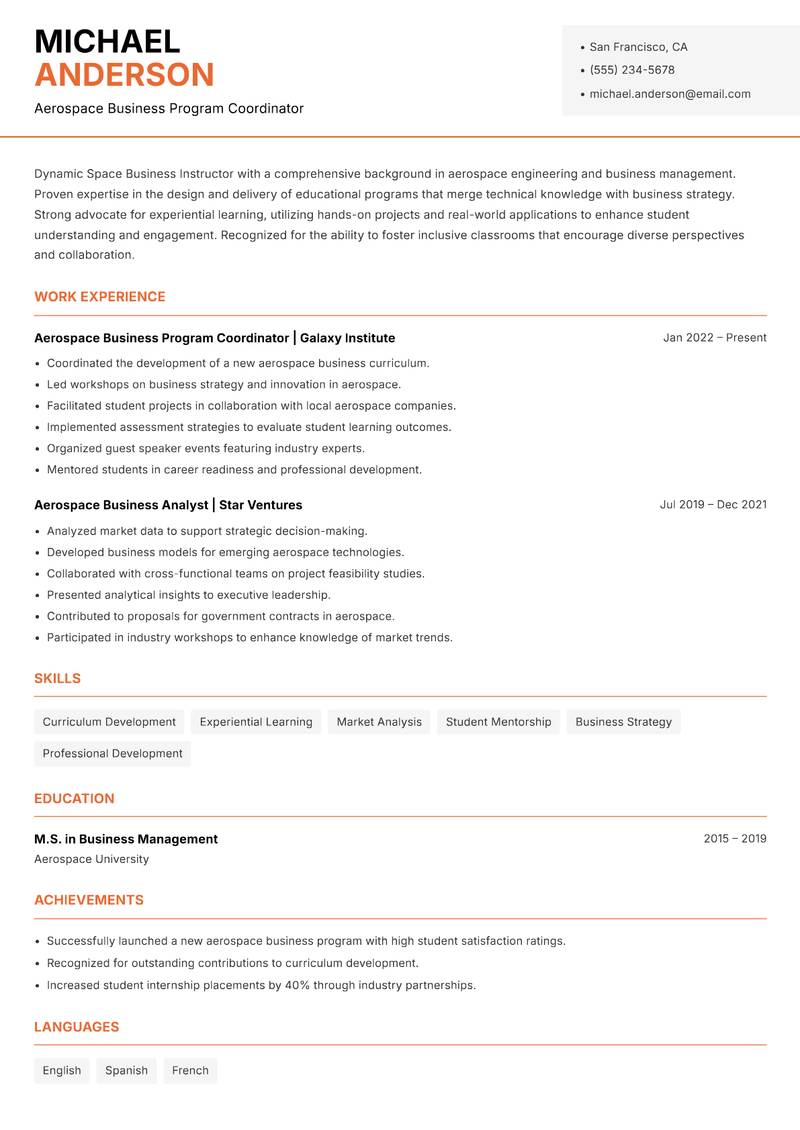 Space Business Instructor Resume Template