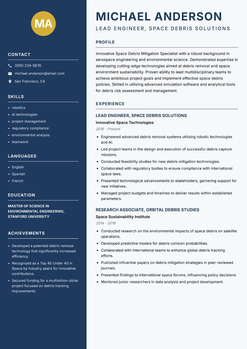 Space Debris Mitigation Specialist Resume Preview Example