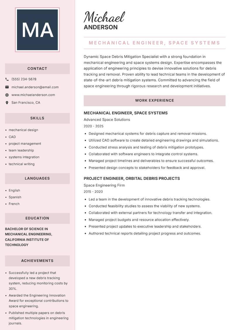 Space Debris Mitigation Specialist Resume Preview Example