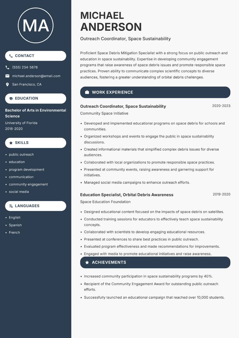 Space Debris Mitigation Specialist Resume Preview Example