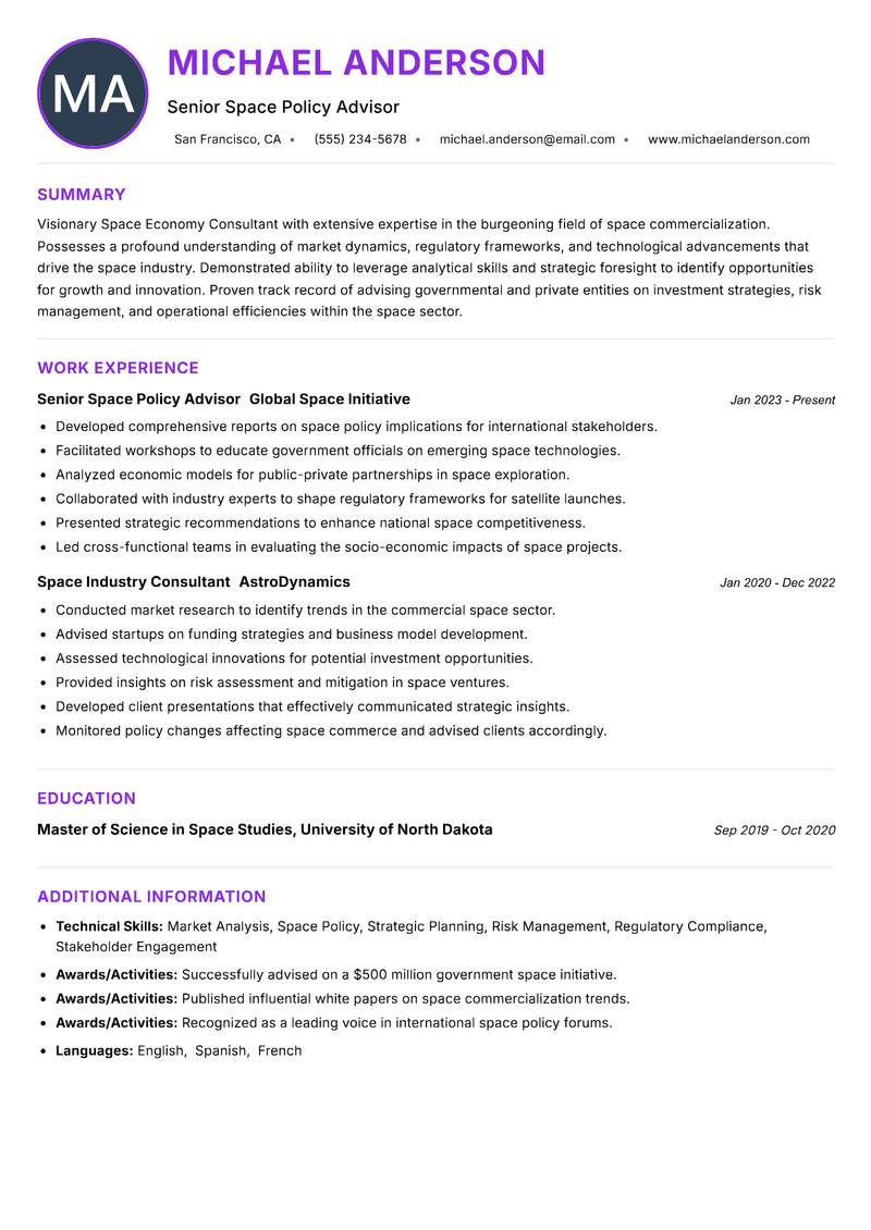 Space Economy Consultant Resume Preview Example