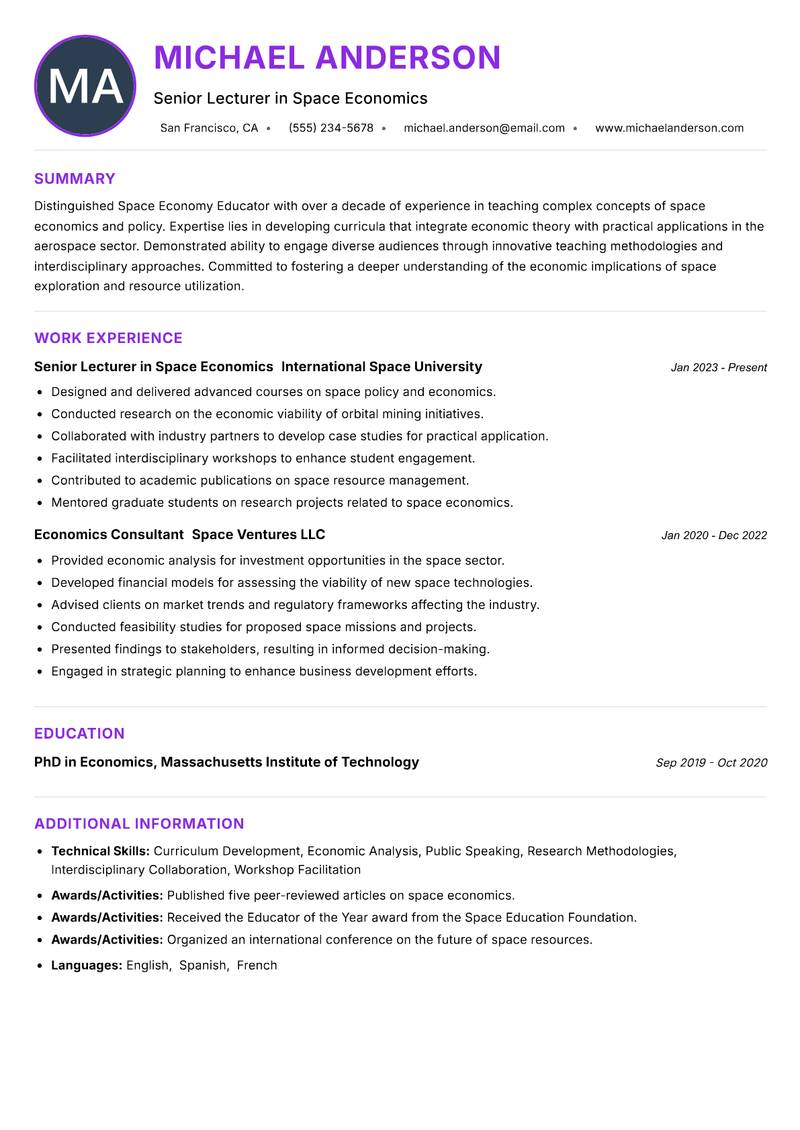 Space Economy Educator Resume Preview Example