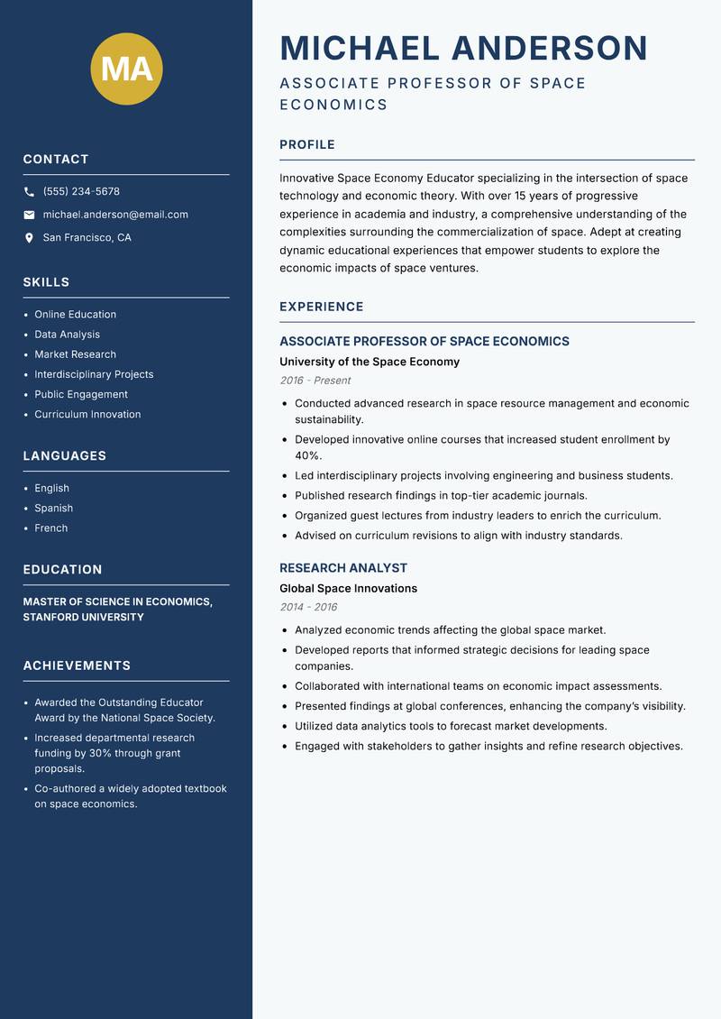 Space Economy Educator Resume Preview Example