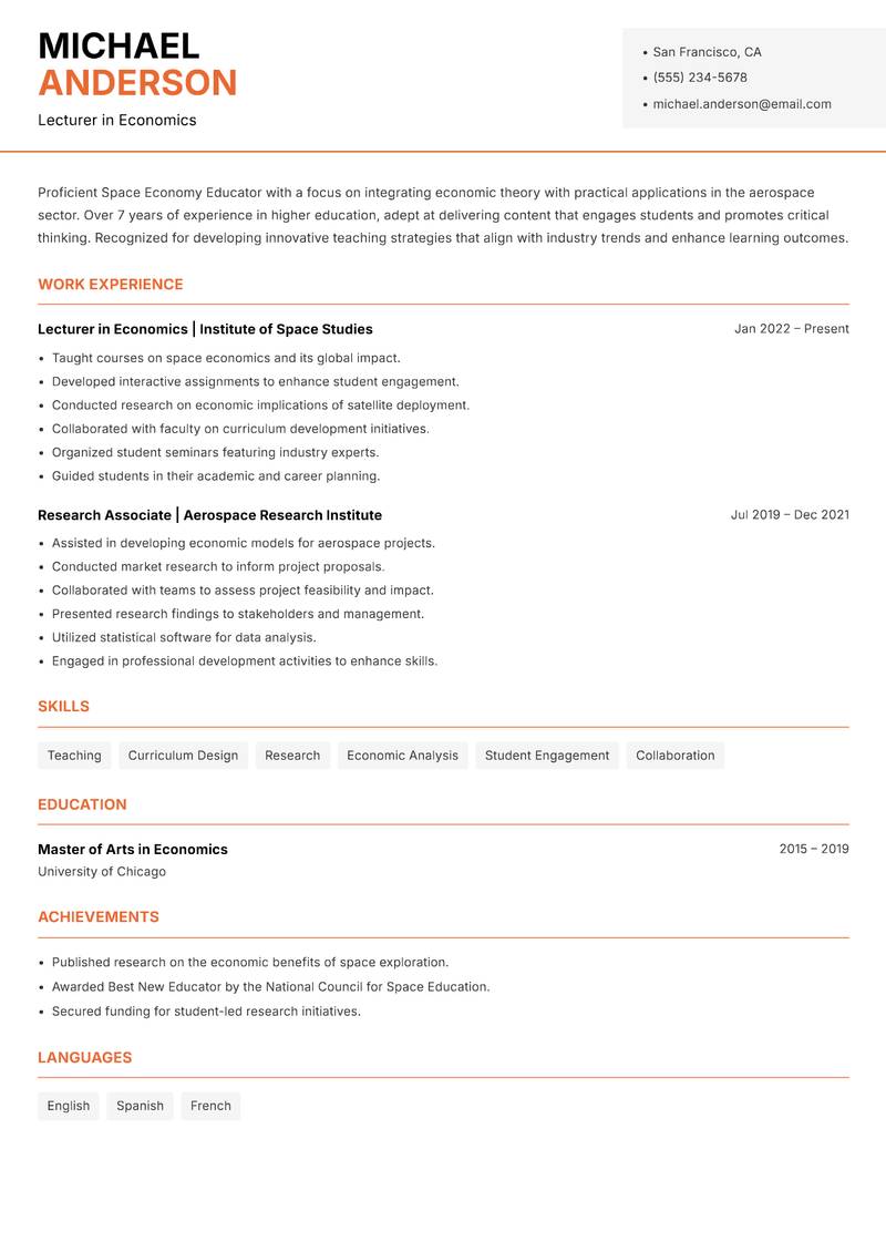 Space Economy Educator Resume Template