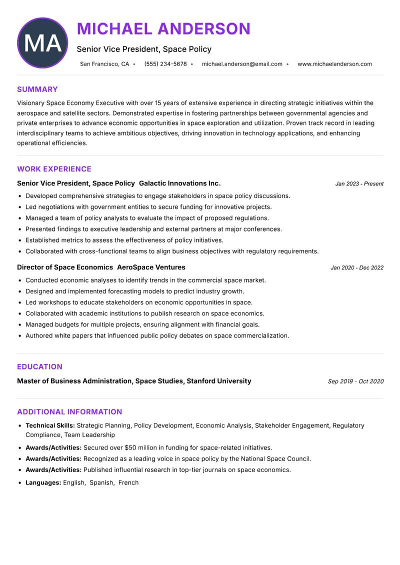 Space Economy Executive Resume Preview Example