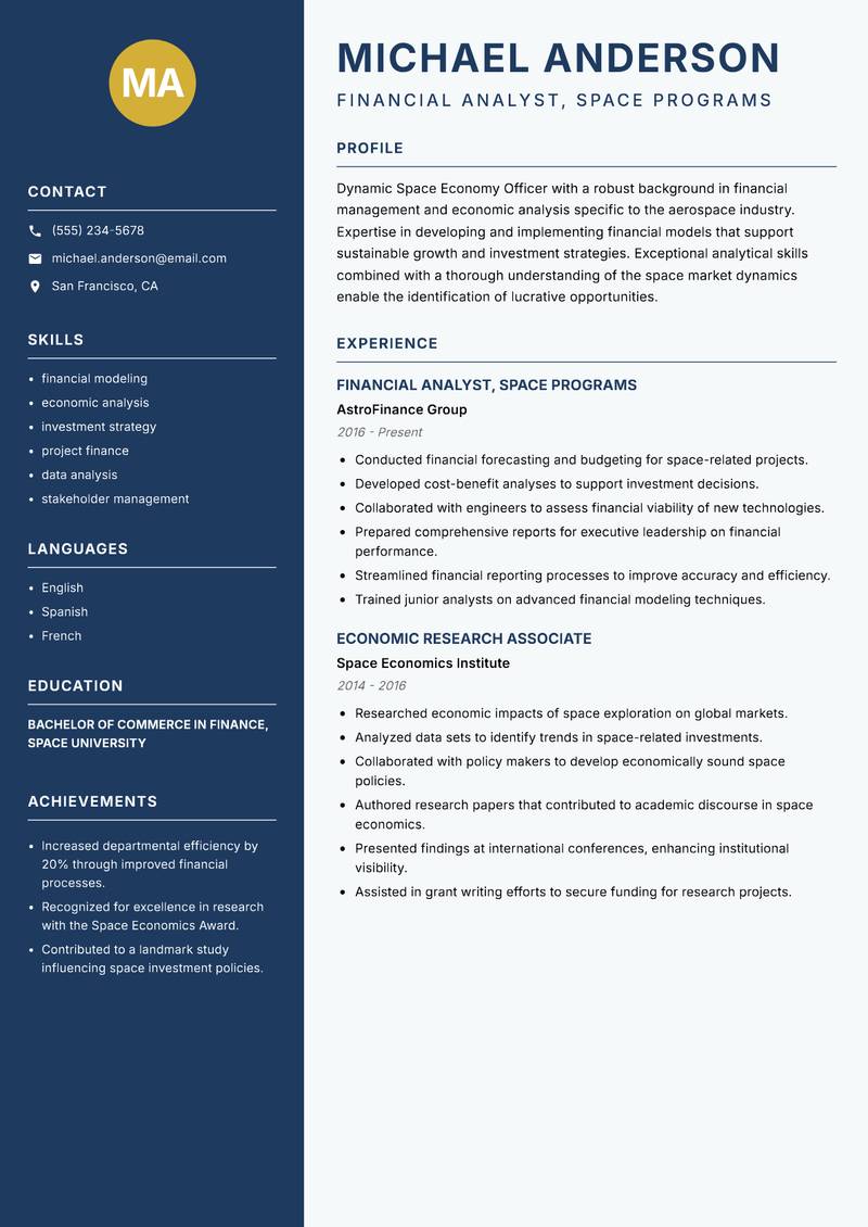 Space Economy Officer Resume Preview Example
