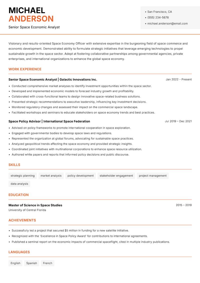 Space Economy Officer Resume Template