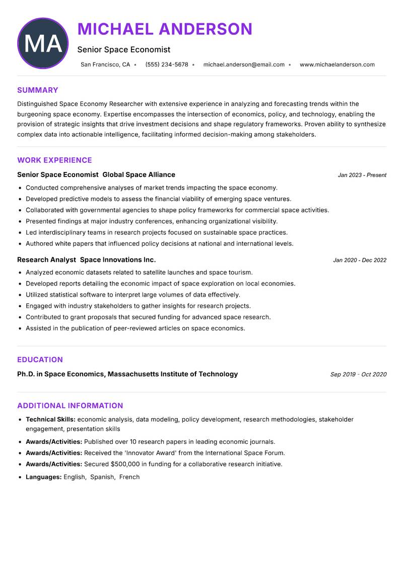 Space Economy Researcher Resume Preview Example