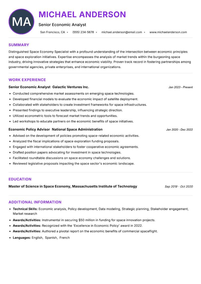 Space Economy Specialist Resume Preview Example