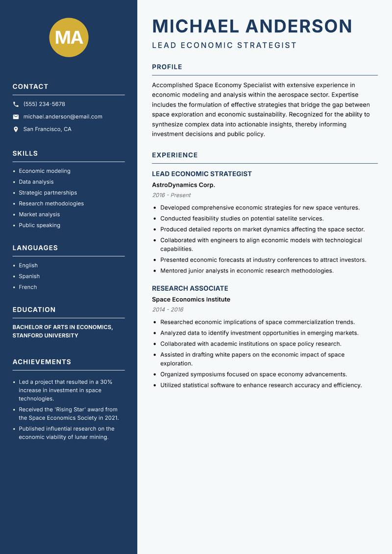 Space Economy Specialist Resume Preview Example