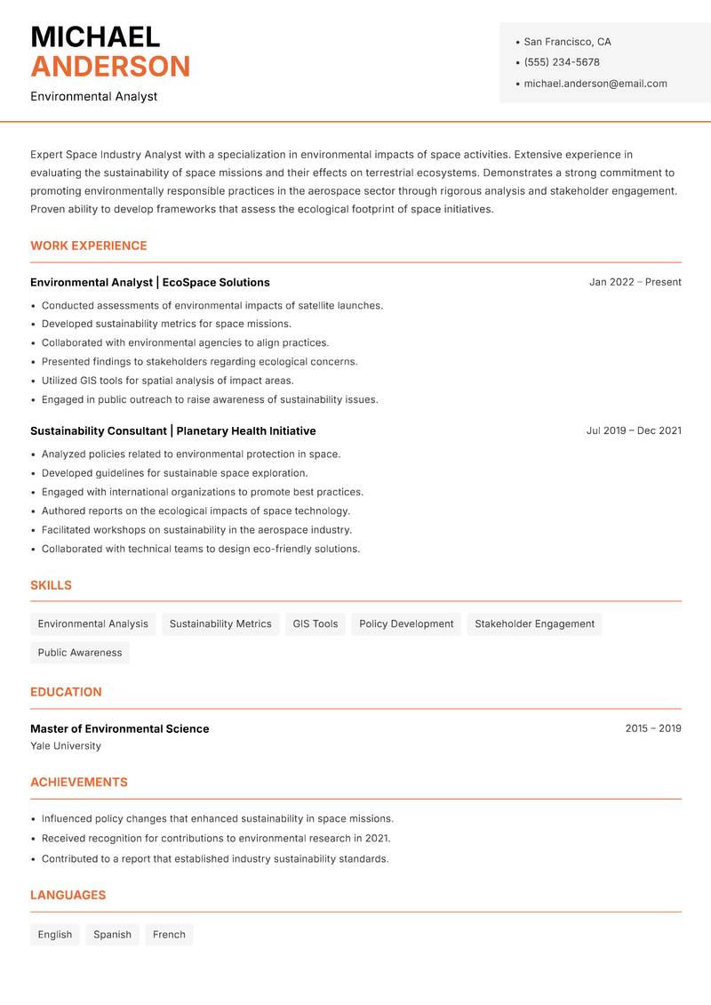 Space Industry Analyst Resume Template