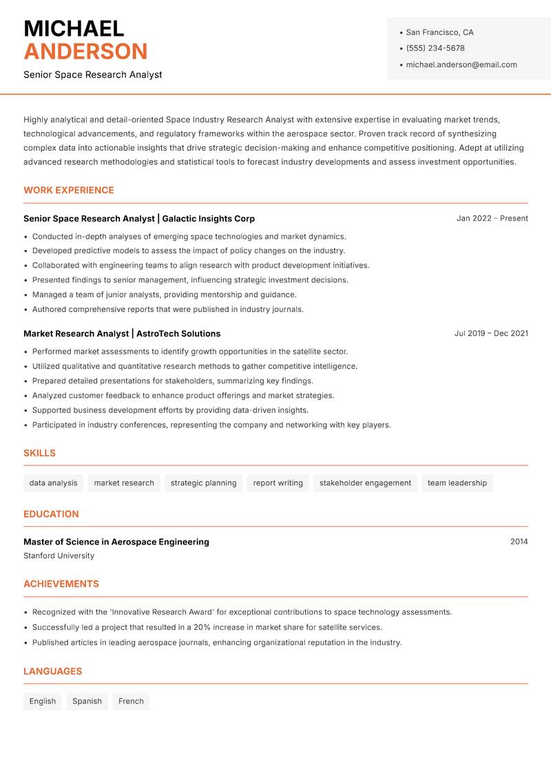 Space Industry Research Analyst Resume Template