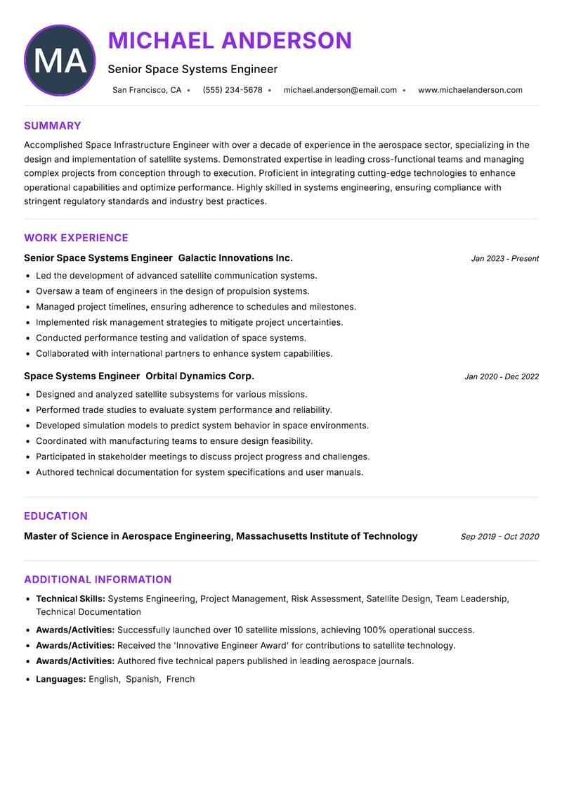 Space Infrastructure Engineer Resume Preview Example