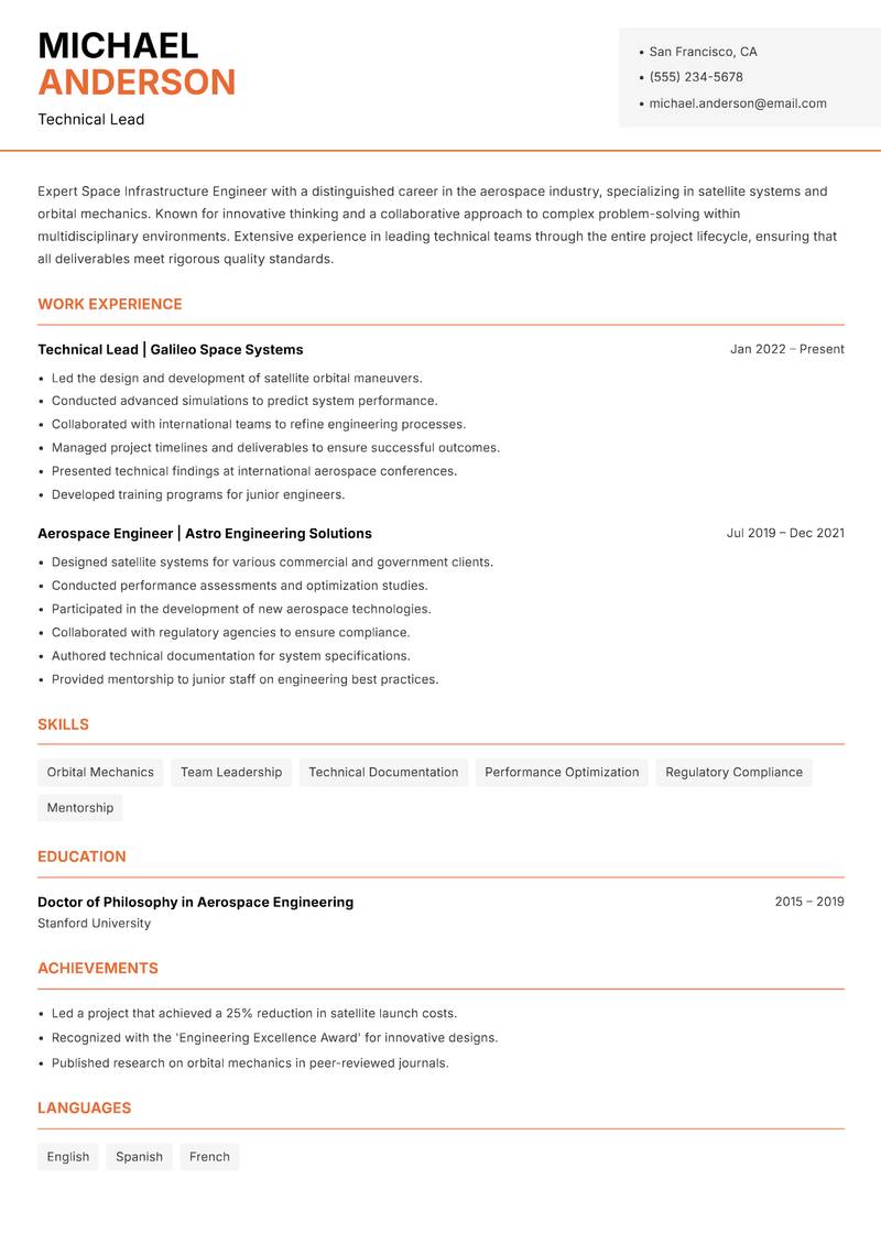 Space Infrastructure Engineer Resume Template