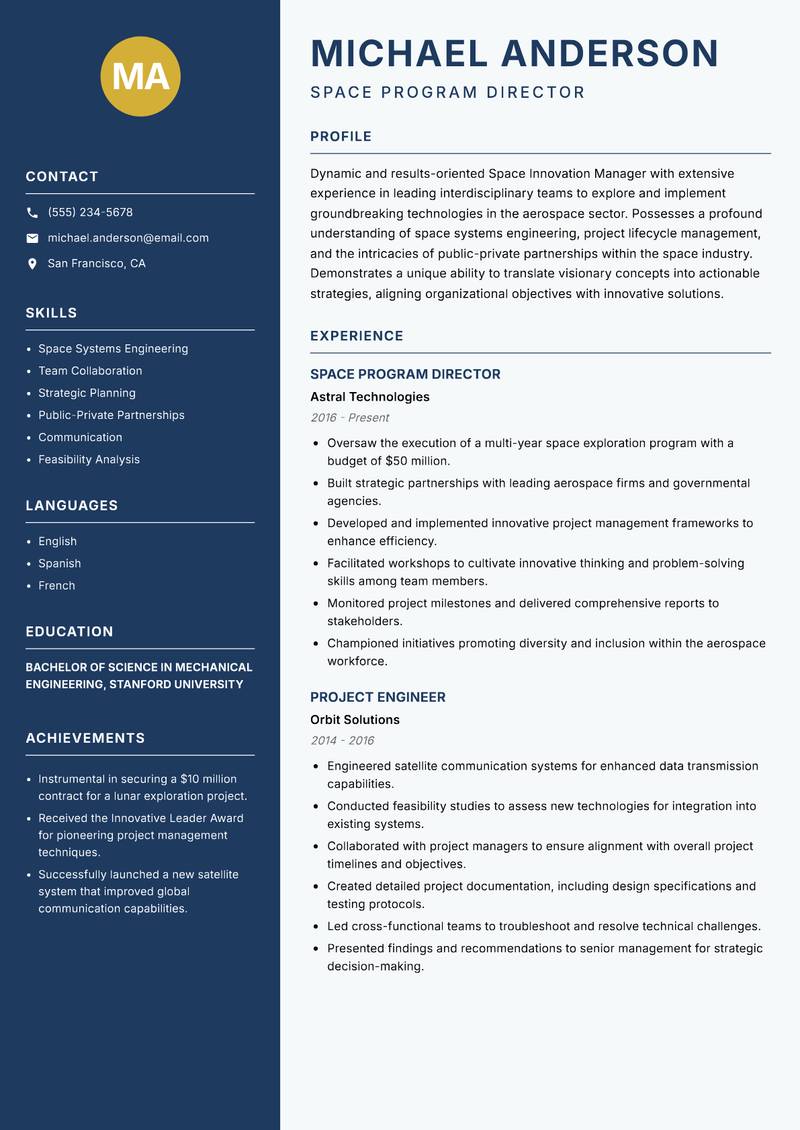 Space Innovation Manager Resume Preview Example