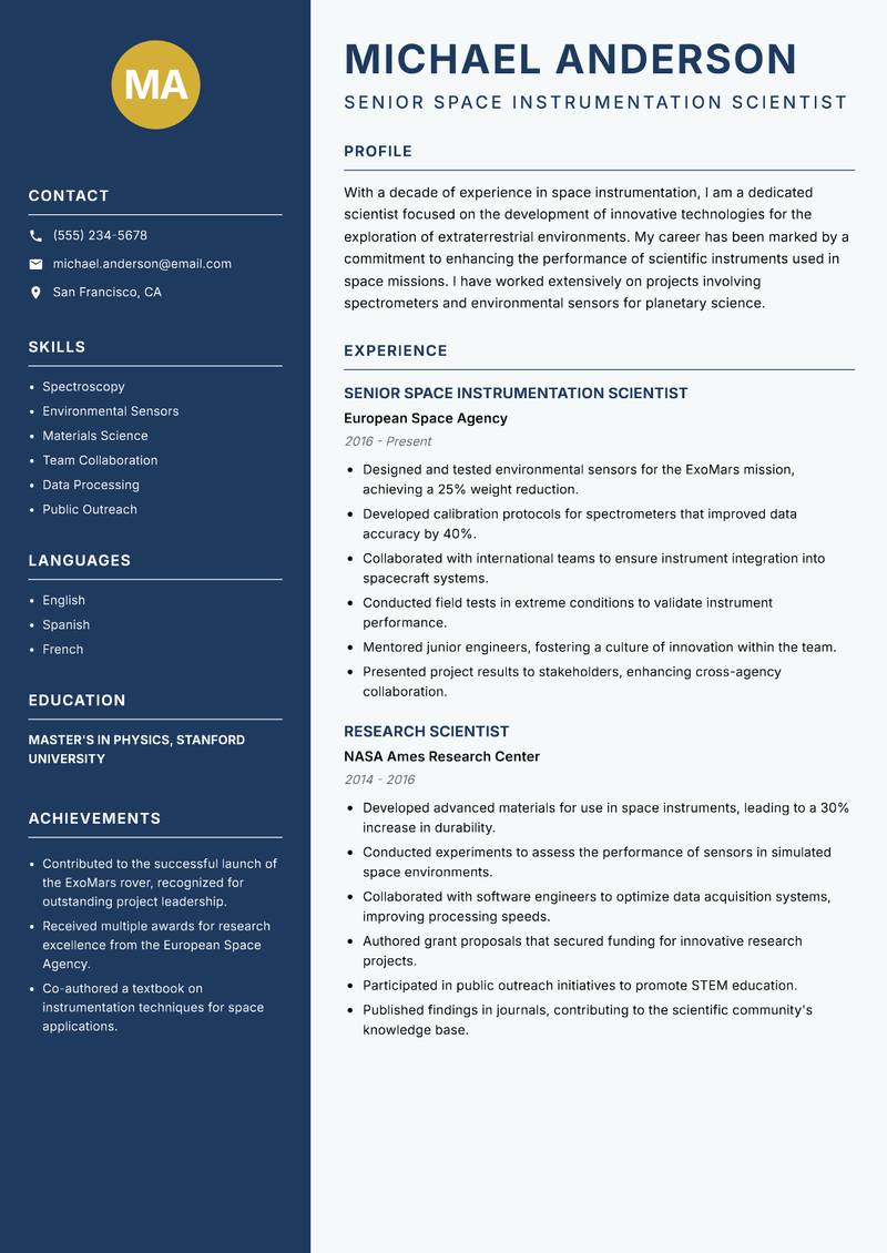 Space Instrumentation Scientist Resume Preview Example
