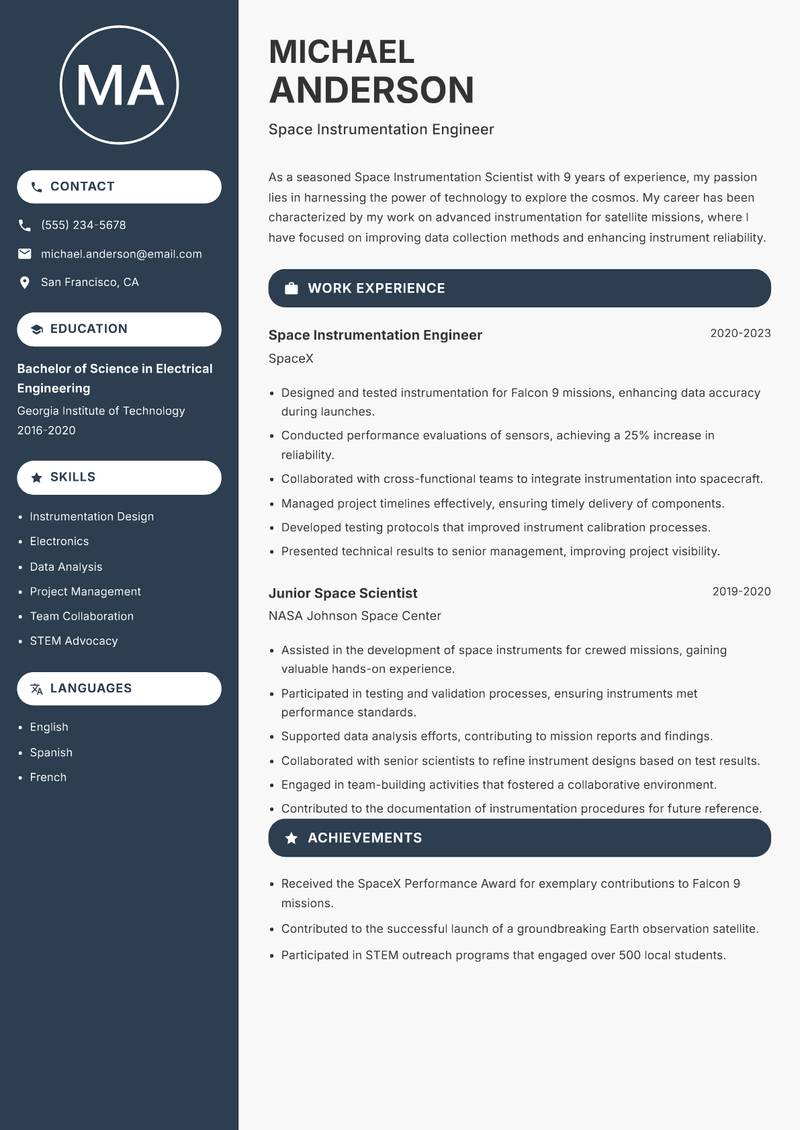Space Instrumentation Scientist Resume Preview Example