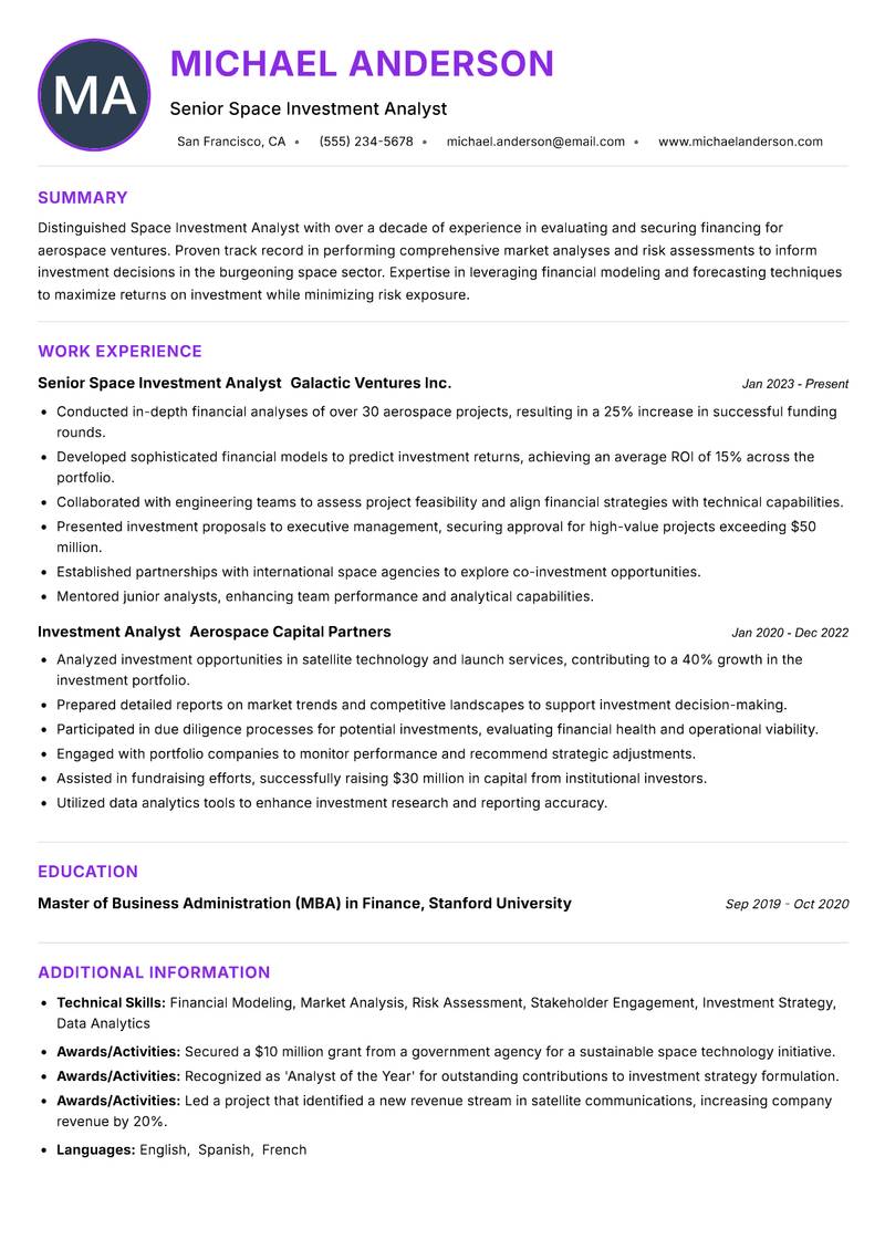 Space Investment Analyst Resume Preview Example