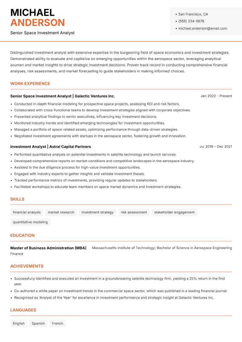Space Investment Analyst Resume Template