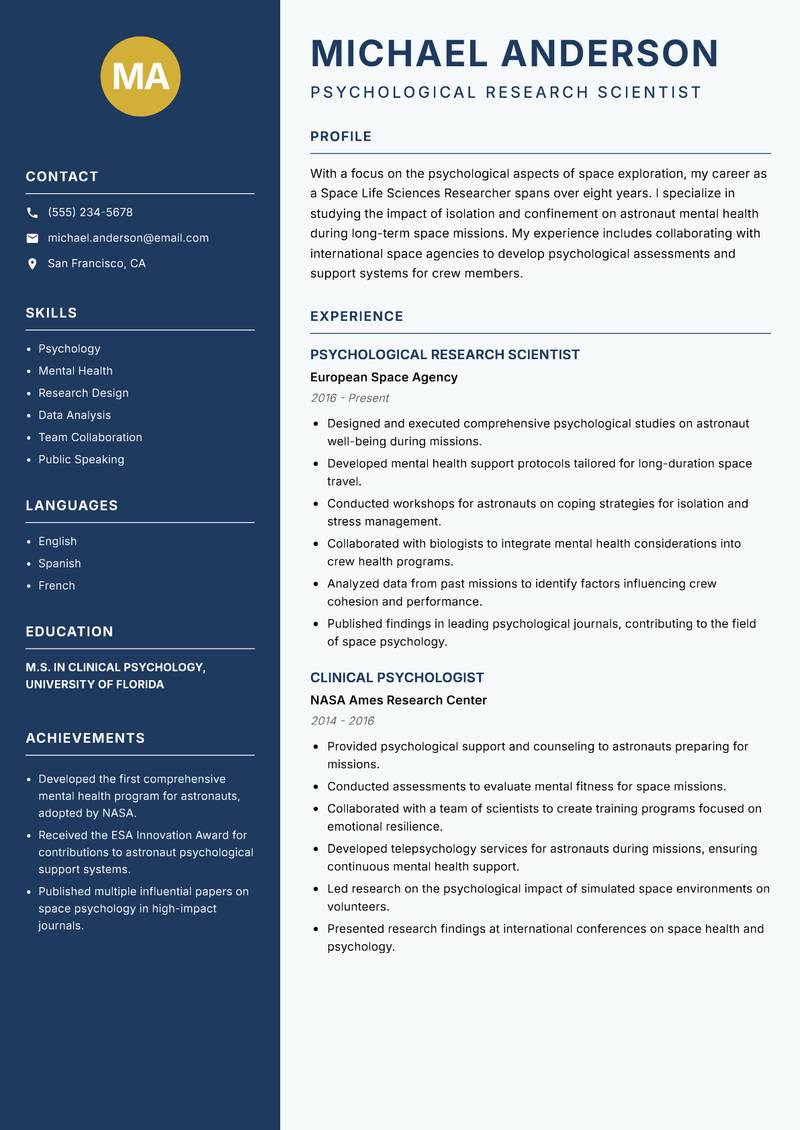 Space Life Sciences Researcher Resume Preview Example