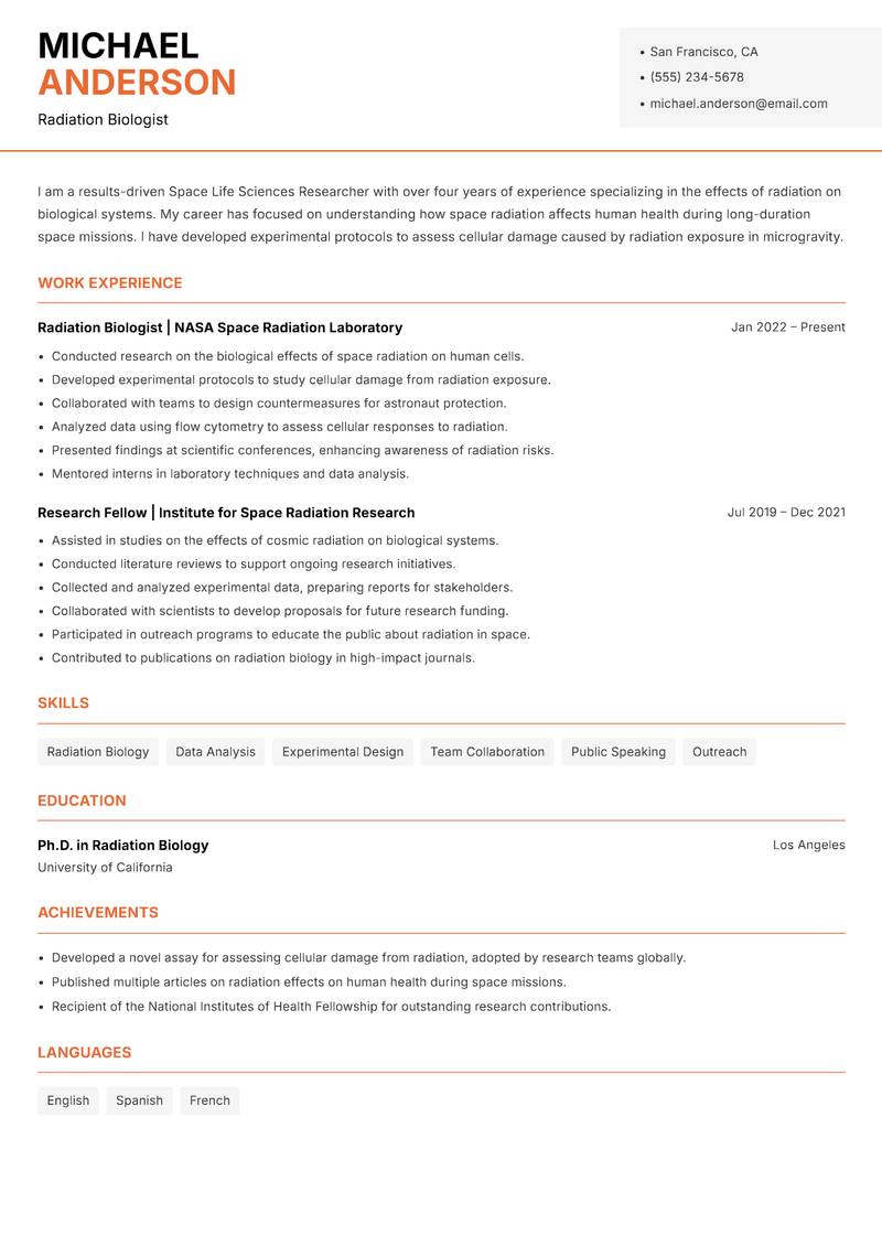 Space Life Sciences Researcher Resume Template