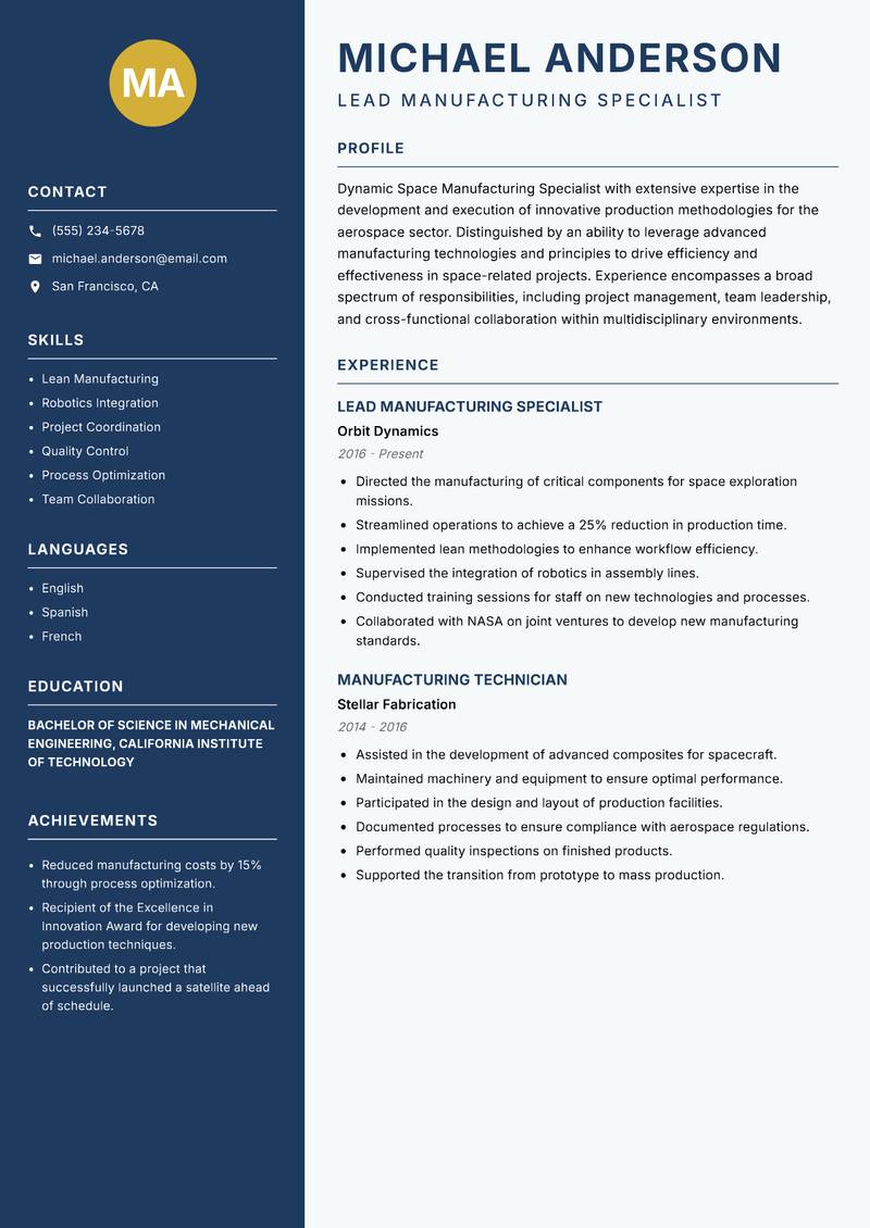 Space Manufacturing Specialist Resume Preview Example