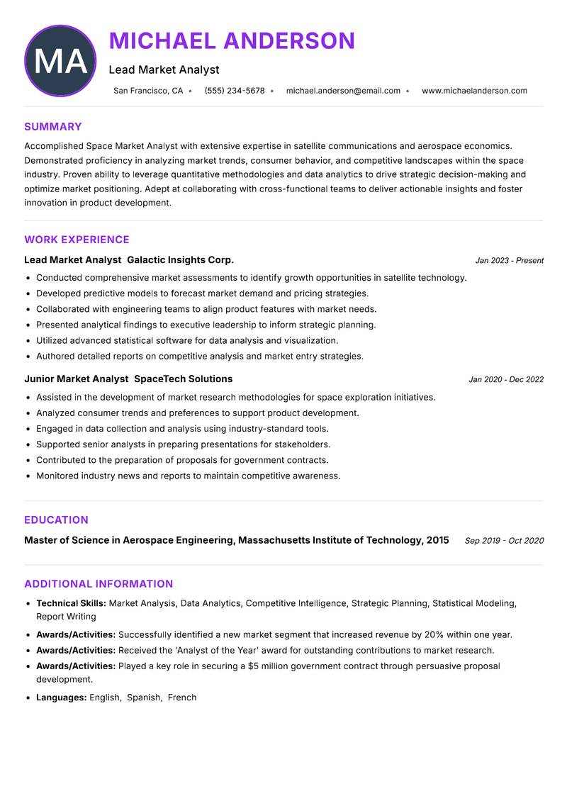 Space Market Analyst Resume Preview Example