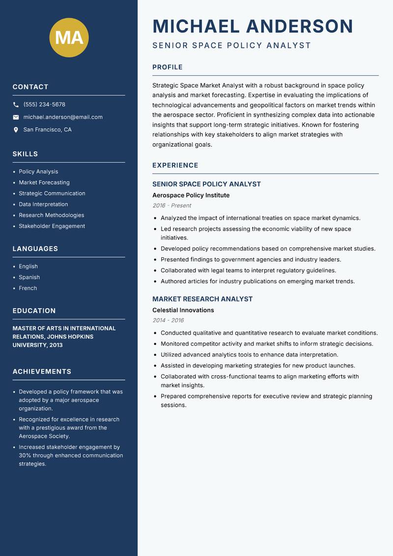 Space Market Analyst Resume Preview Example