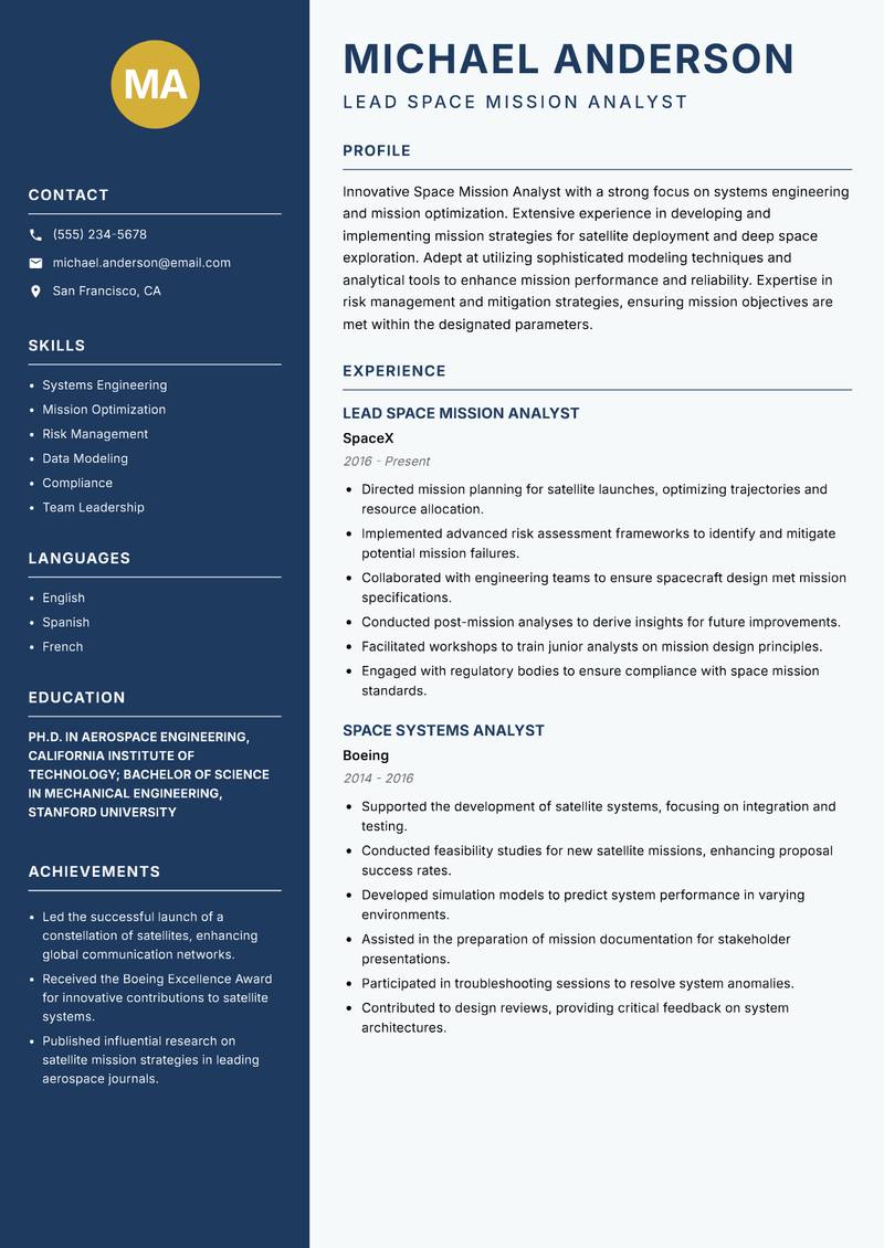 Space Mission Analyst Resume Preview Example