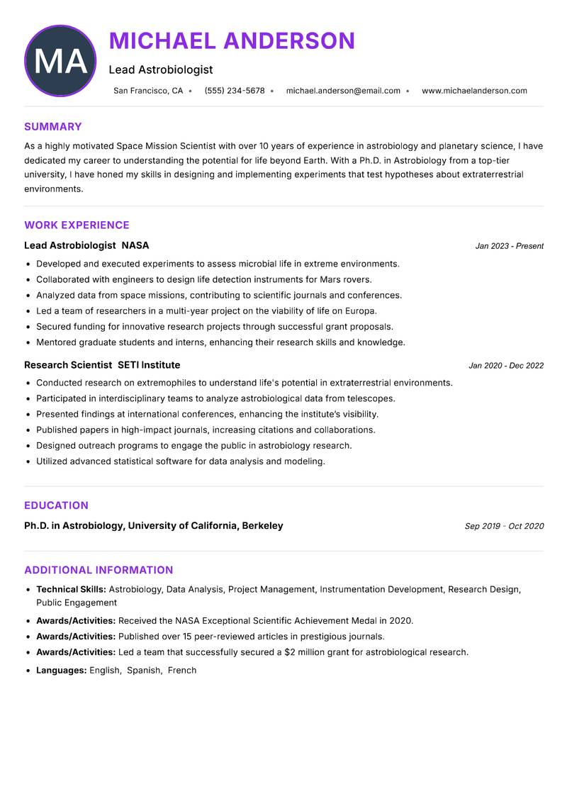 Space Mission Scientist Resume Preview Example