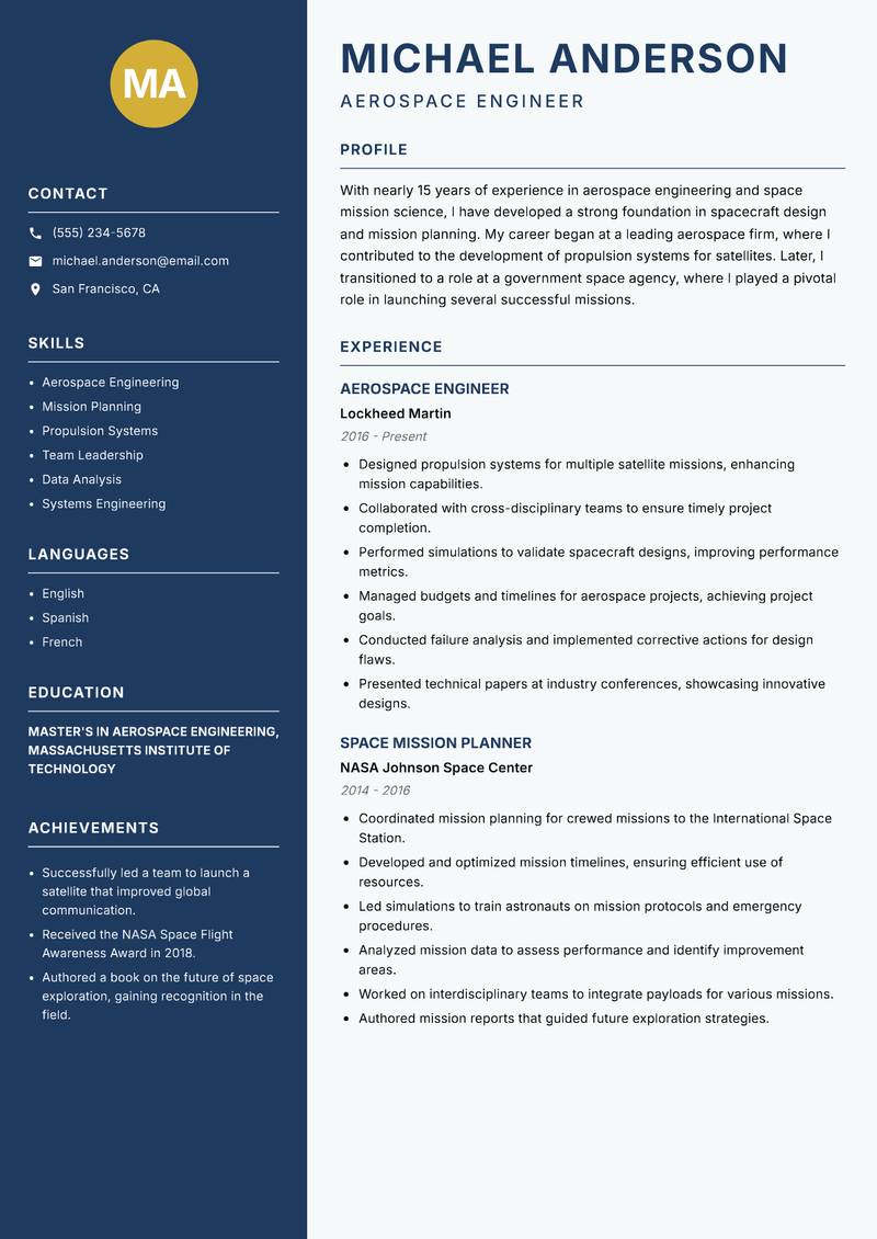 Space Mission Scientist Resume Preview Example
