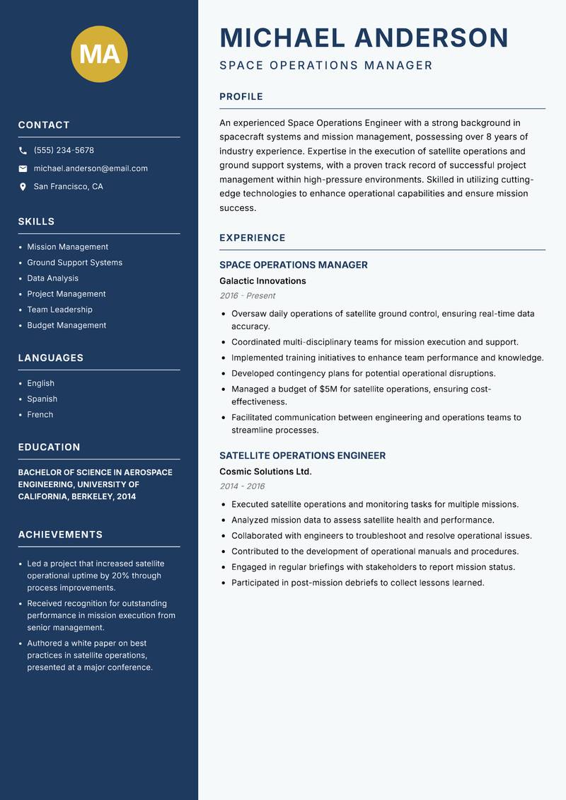 Space Operations Engineer Resume Preview Example