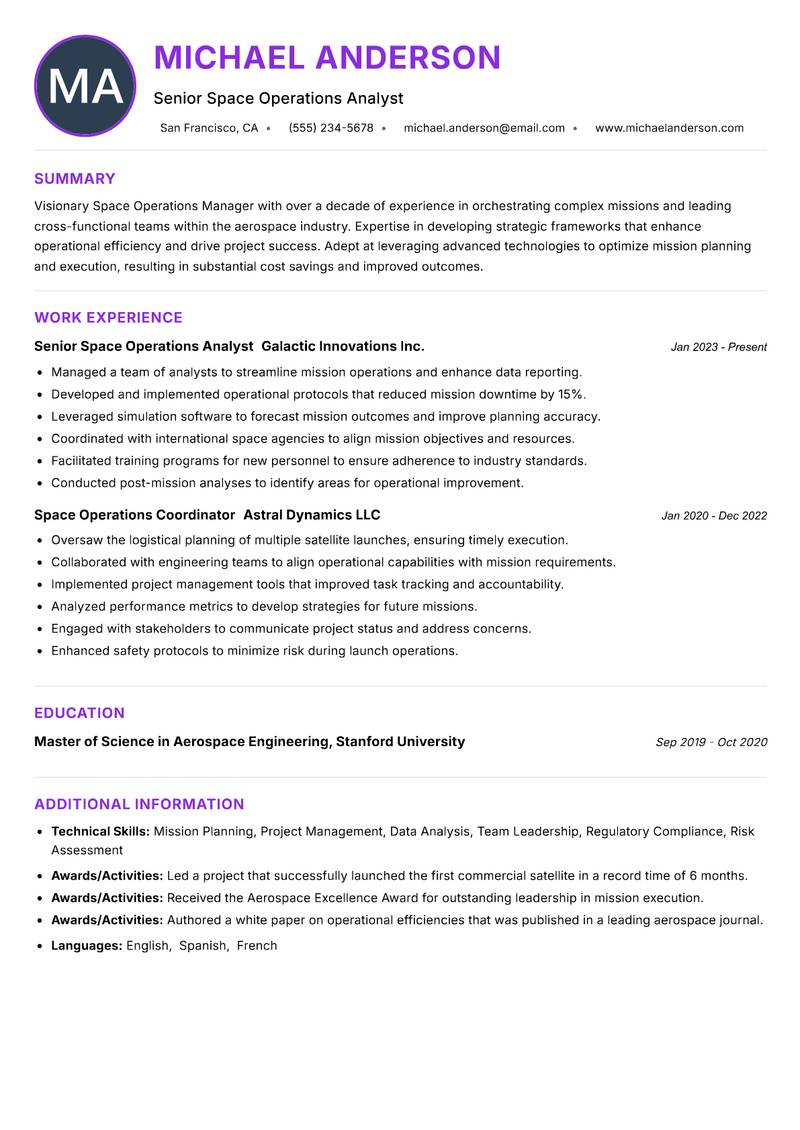Space Operations Manager Resume Preview Example