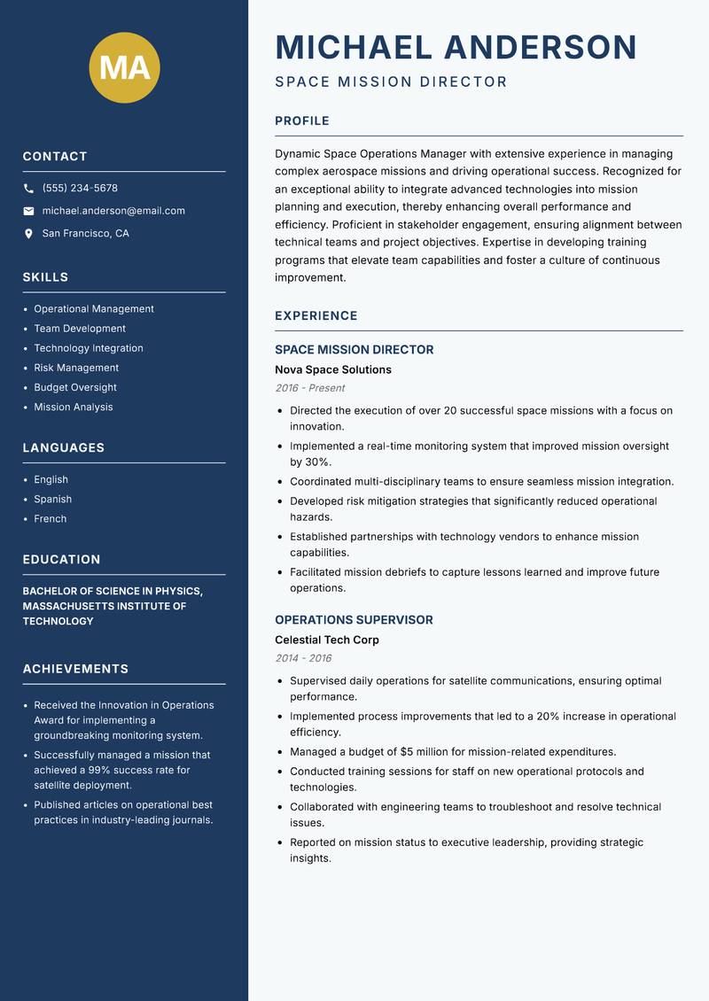 Space Operations Manager Resume Preview Example