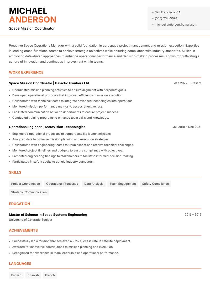 Space Operations Manager Resume Template