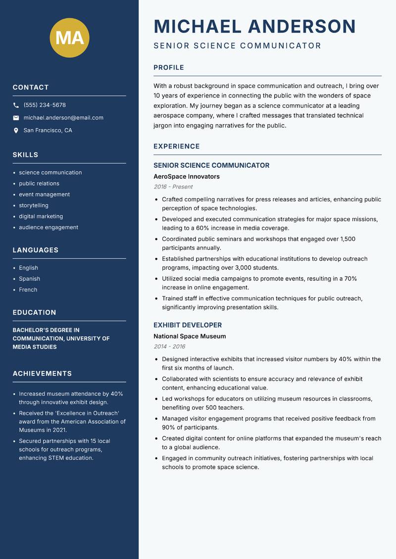 Space Outreach Specialist Resume Preview Example