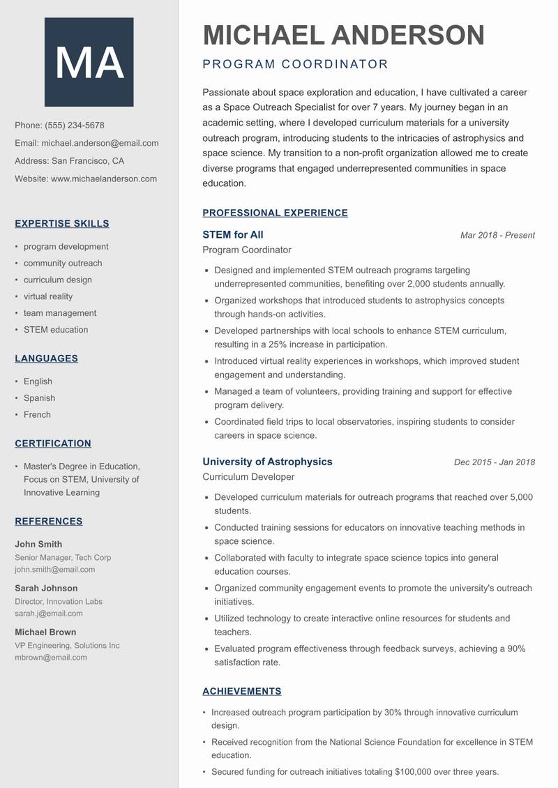 Space Outreach Specialist Resume Preview Example