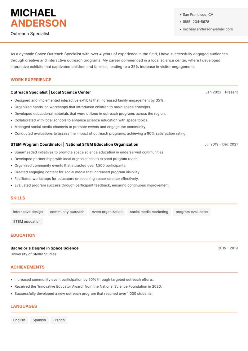 Space Outreach Specialist Resume Template